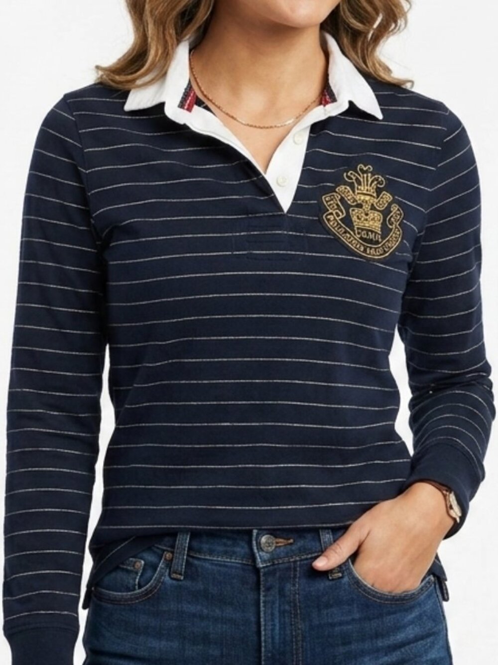 Navy Gold Metallic Striped Rugby Shirt with White Collar + Embroidered Crest